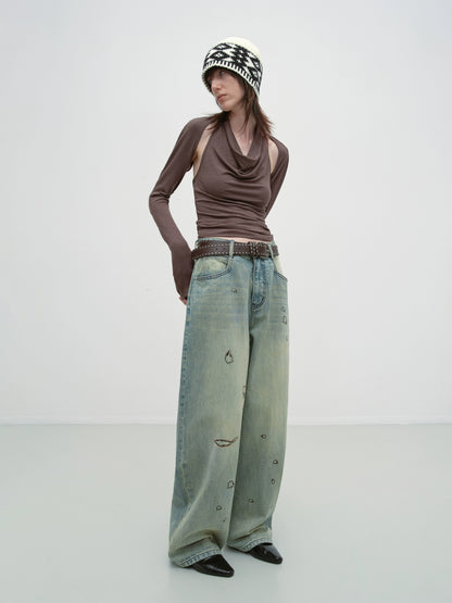 Vintage Burnt-Edge Printed Washed Denim Pants - CHINASQUAD