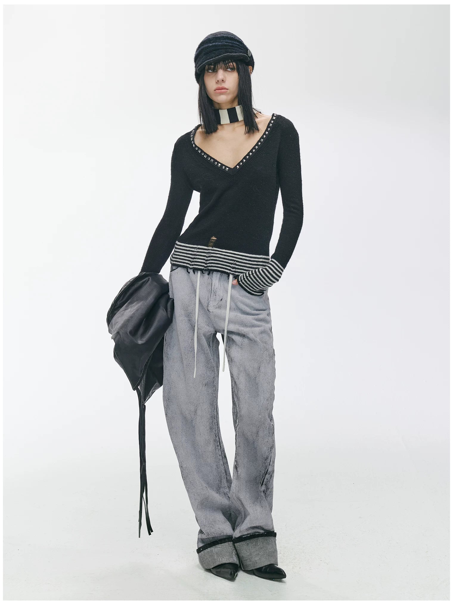 Striped Panel Slim-Fit Wool Knit Top