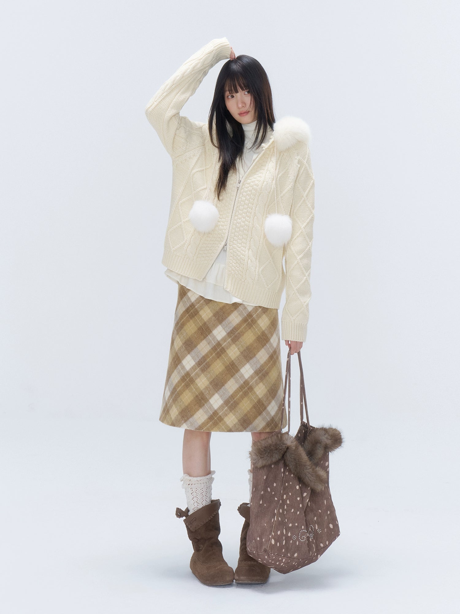 Yellow Plaid Wool-Blend Midi Skirt