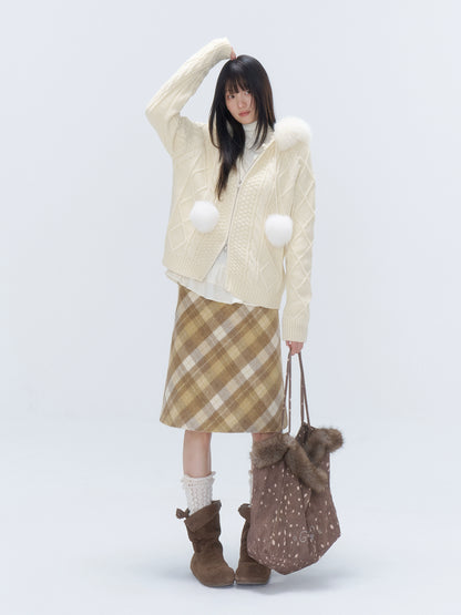 Yellow Plaid Wool-Blend Midi Skirt