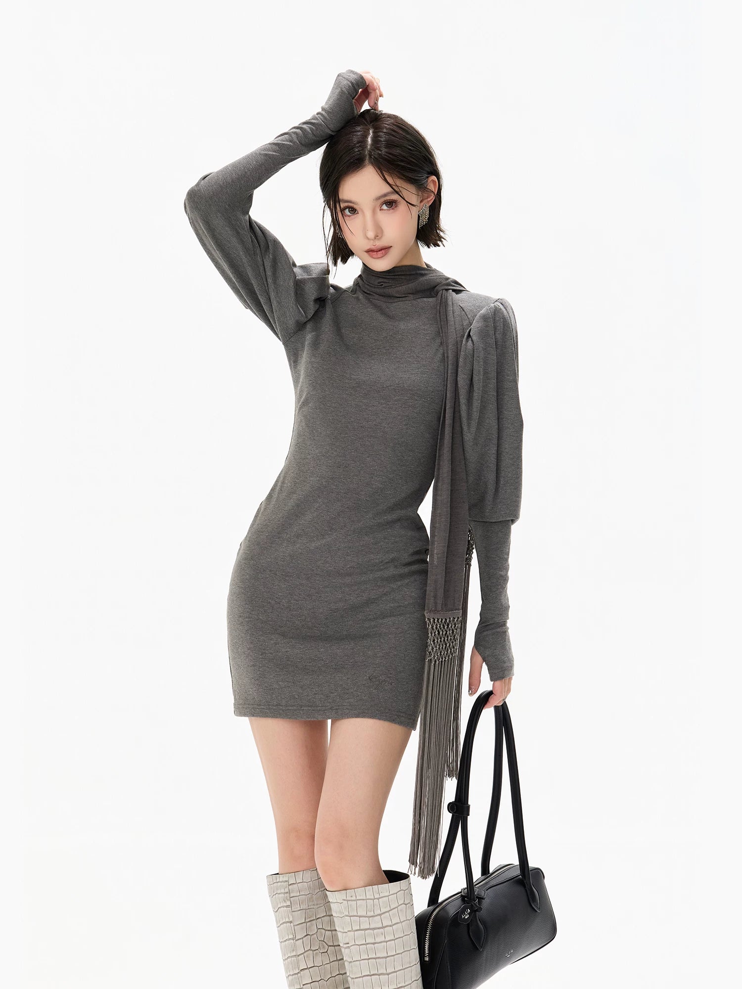 Minimalist Draped Turtleneck Knit Mini Dress with Tassel Ties