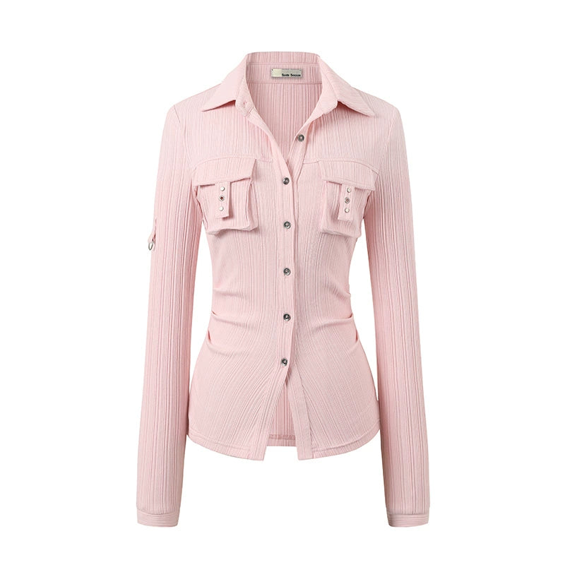 Striped Rivet 3D Pocket Fitted Shirt