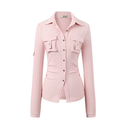 Striped Rivet 3D Pocket Fitted Shirt