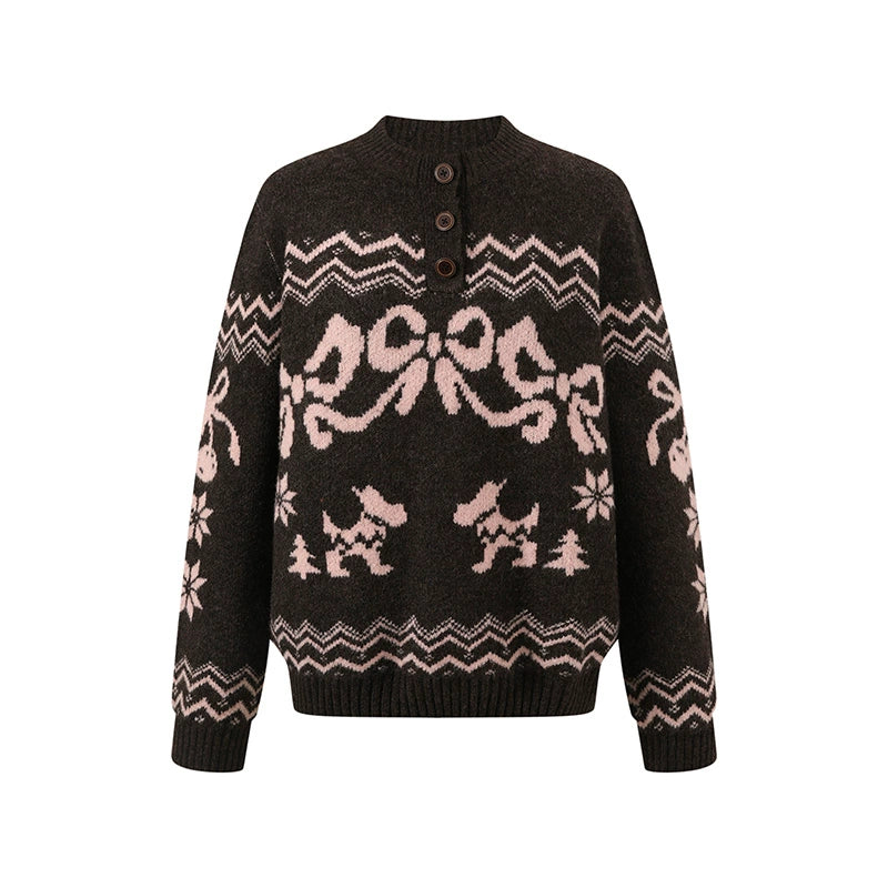 Fair Isle Bow Knit Henley Crewneck