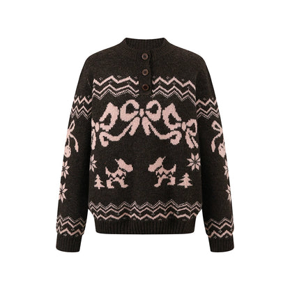 Fair Isle Bow Knit Henley Crewneck