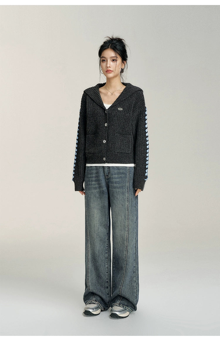 Heart-Patterned Fleece-Lined Wide-Leg Denim Pants