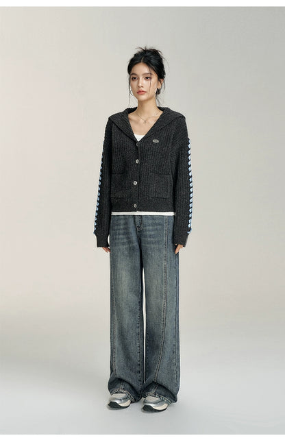 Heart-Patterned Fleece-Lined Wide-Leg Denim Pants