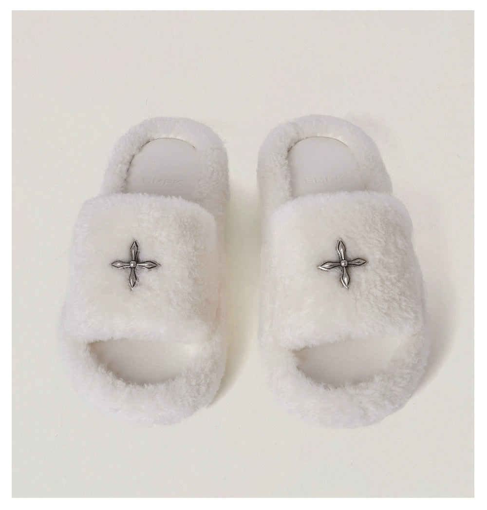 Cross Emblem Shearling Slide Sandals