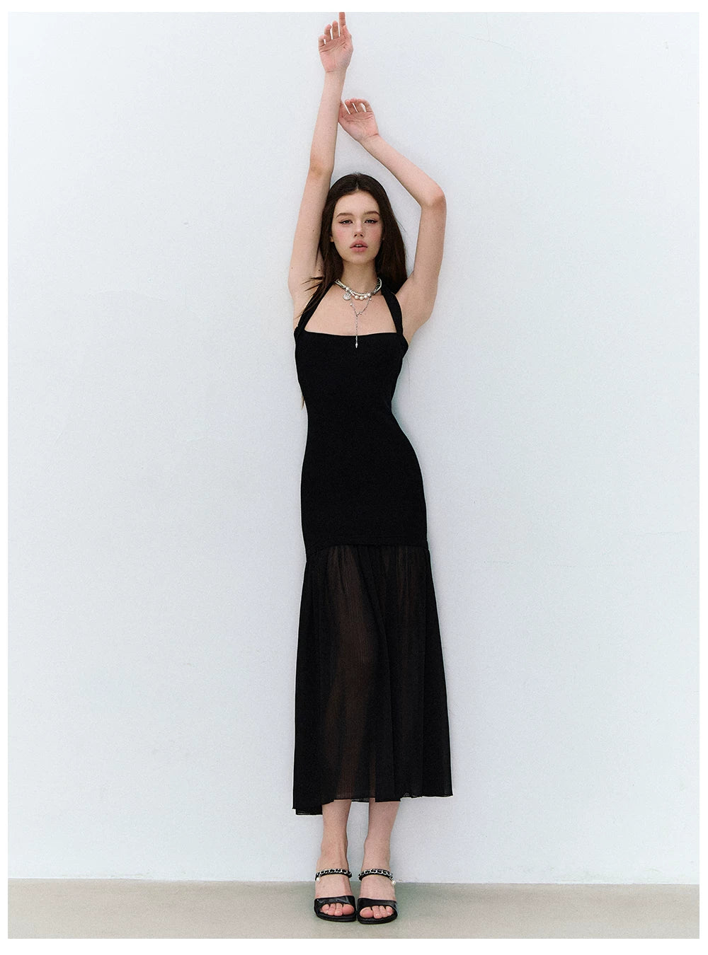 Dark Muse Spliced Mesh Halter Slim Long Dress