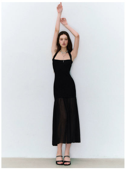 Dark Muse Spliced Mesh Halter Slim Long Dress