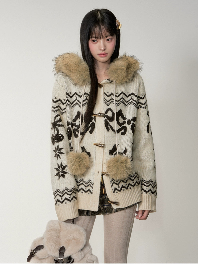Fair Isle Fur Collar Toggle Buttons Knit Coat