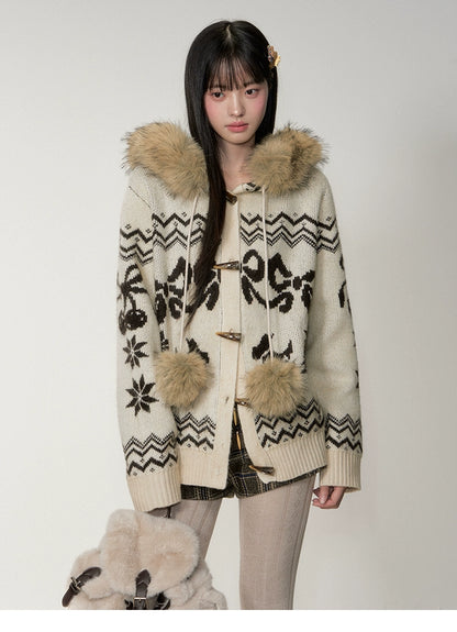 Fair Isle Fur Collar Toggle Buttons Knit Coat