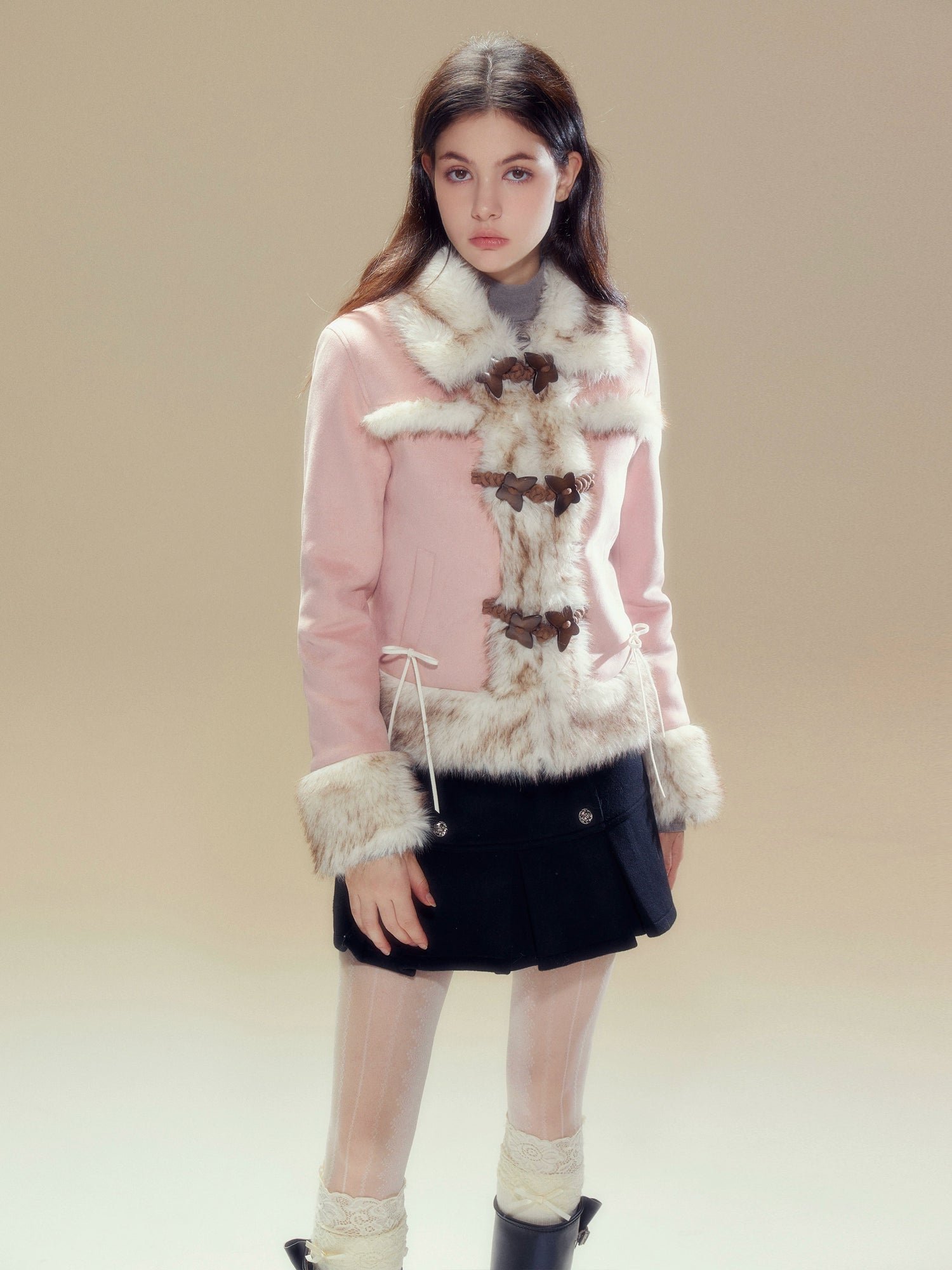 Pink Suede Butterfly Horn Button Shearling Coat - CHINASQUAD