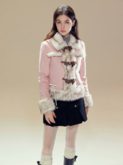 Pink Suede Butterfly Horn Button Shearling Coat - CHINASQUAD