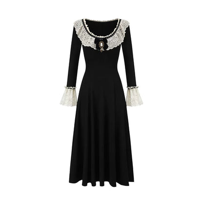 French Pastoral Black Knit Long-Sleeve Dress