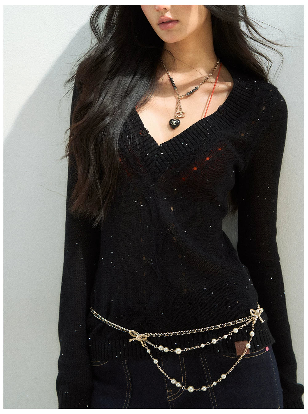 Distressed Openwork V-Neck Knit Top