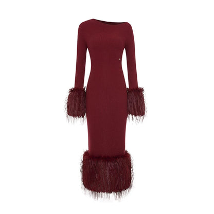 Vintage Off-Shoulder Knit Maxi Dress