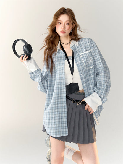 Color-block Blue Plaid Printed Shirt