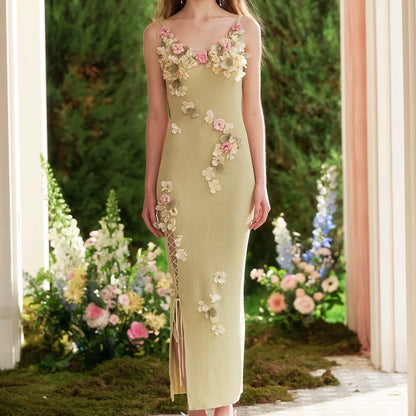 French Couture Floral Knit Split Slip Dress