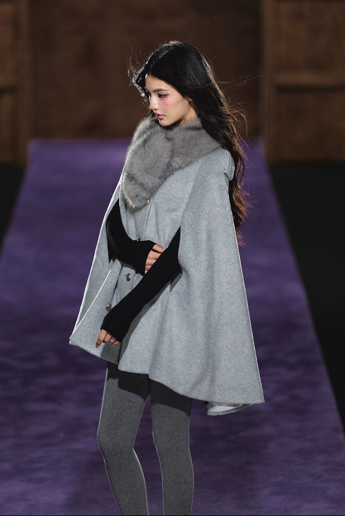 Wool-Blend Detachable Fur-Collar Cape Coat