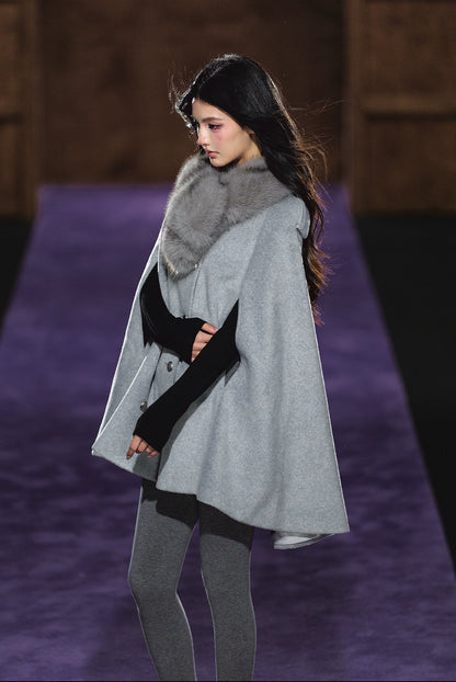 Wool-Blend Detachable Fur-Collar Cape Coat