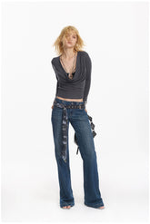 Washed Blue Embroidered Straight Jeans - CHINASQUAD