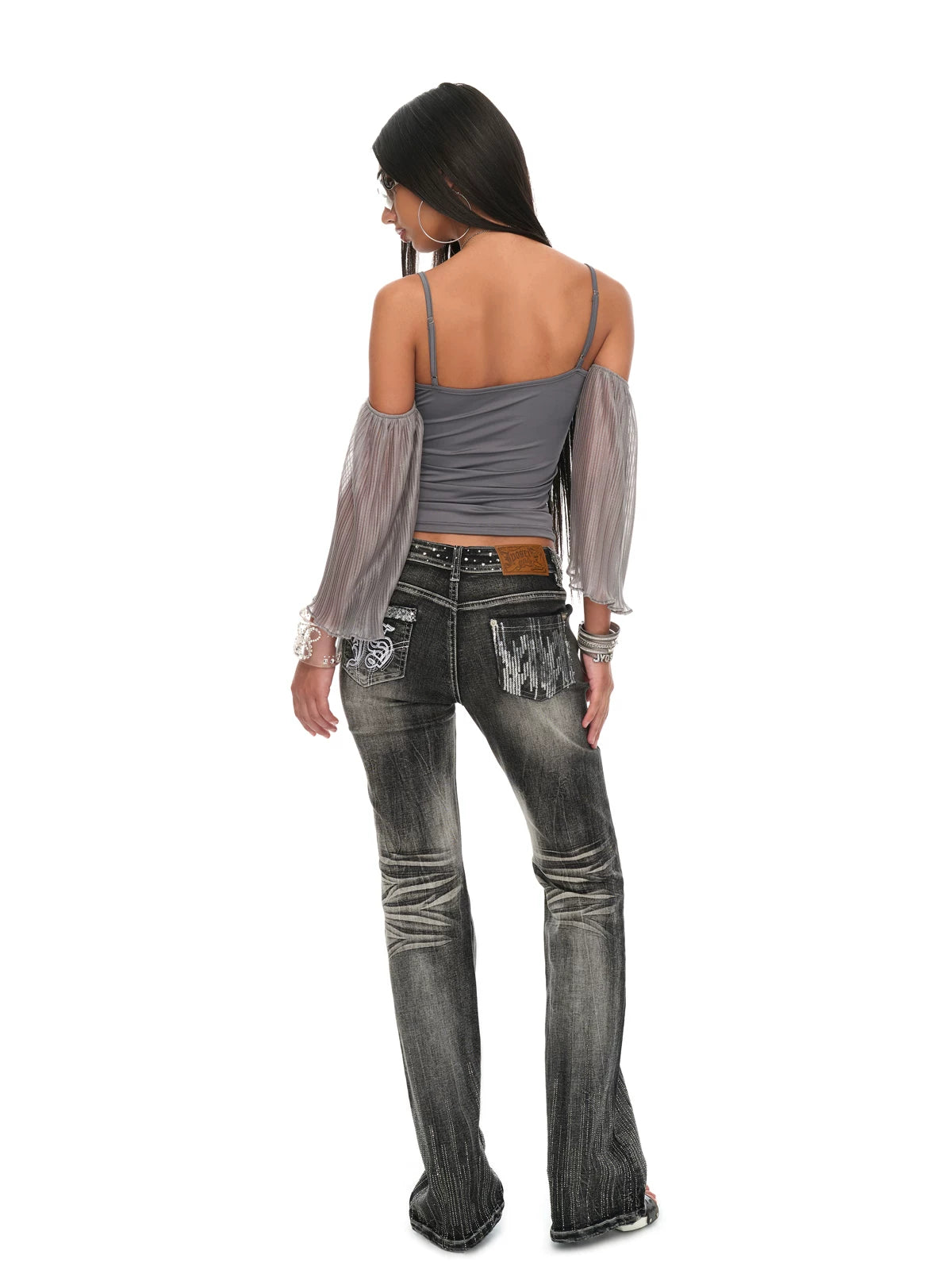 Grey Sequin-Trim V-Neck Pleated Sleeve Camisole