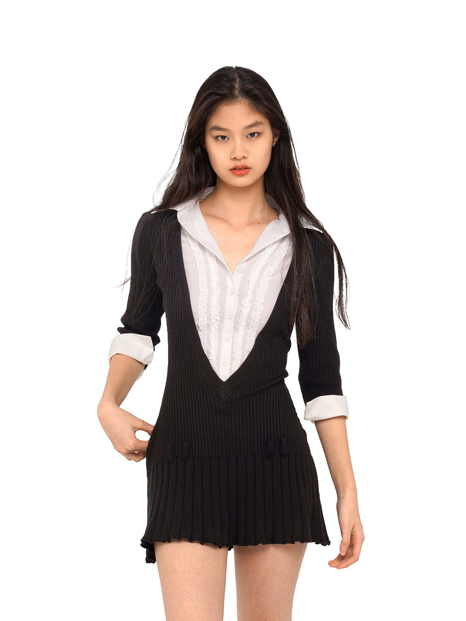 V-Neck Shirt Collar Pleated Mini Dress