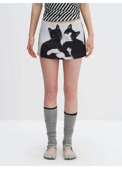 Cat Print A-Line Mini Skirt