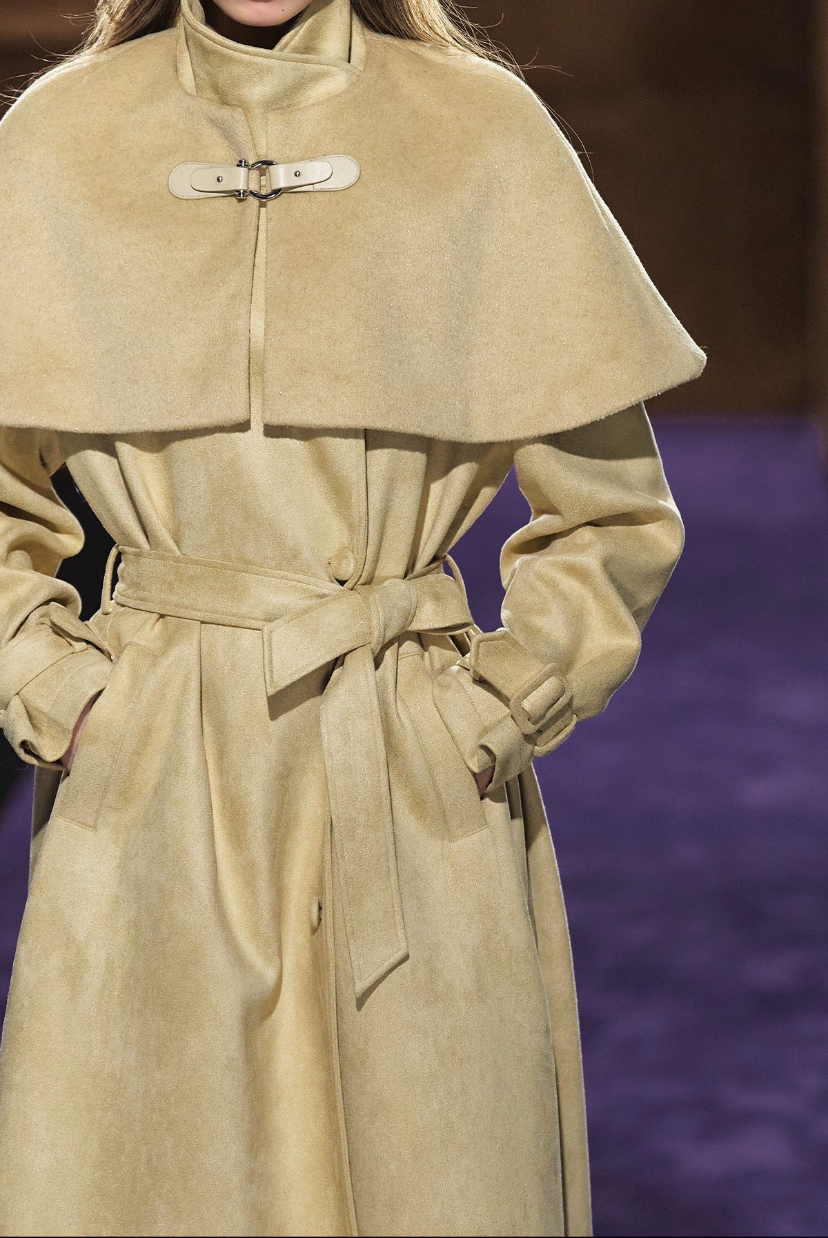 Shimmer Wool Cape Overlay &amp; Suede Long Detachable Belt Coat