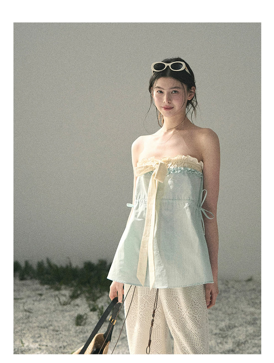 “Soft Blue Whisper” Faux Two-Piece Bandeau Top