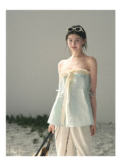 “Soft Blue Whisper” Faux Two-Piece Bandeau Top