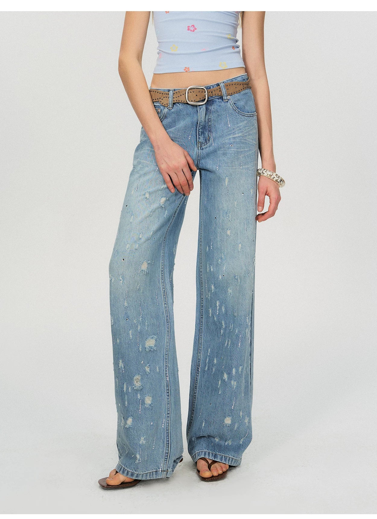 Vintage Washed Blue Rhinestone Embellished Straight-Leg Denim Trousers