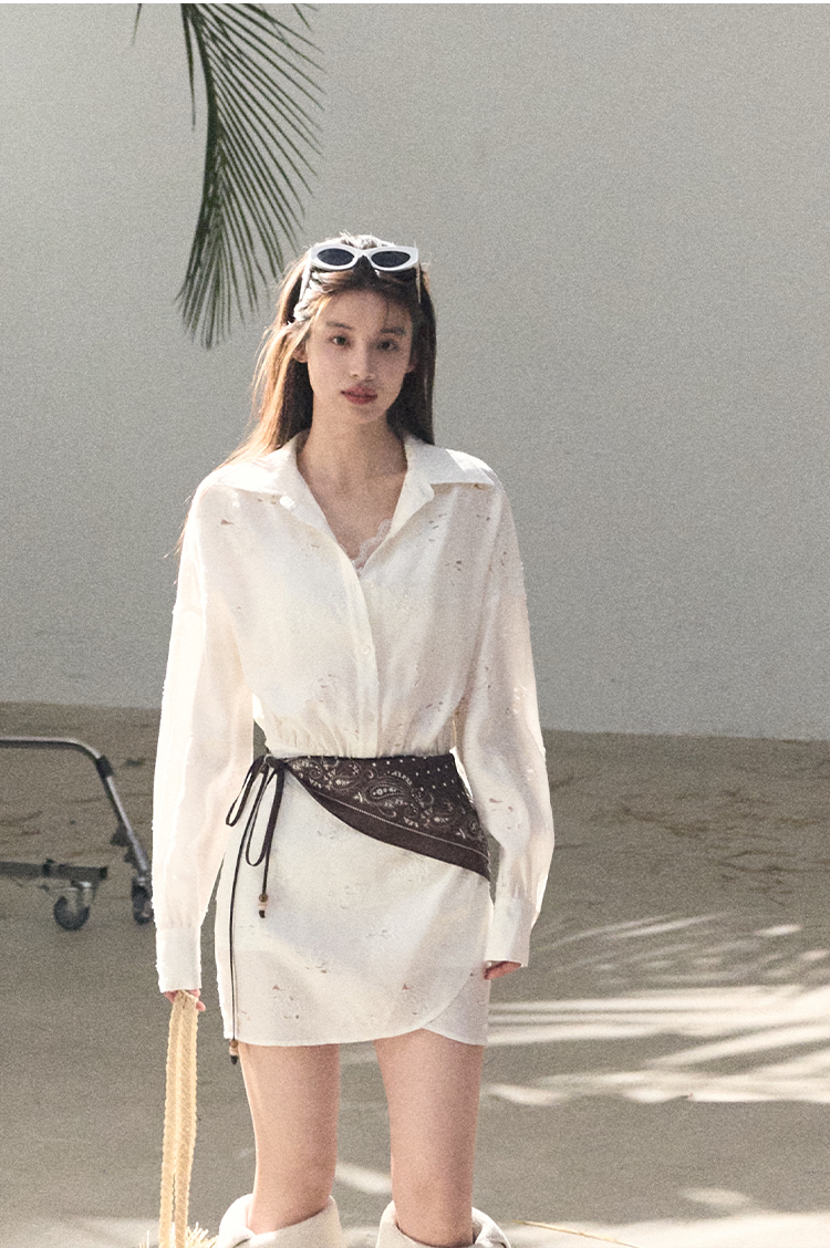 Waist-Cinched Long-Sleeve Shirt Dress