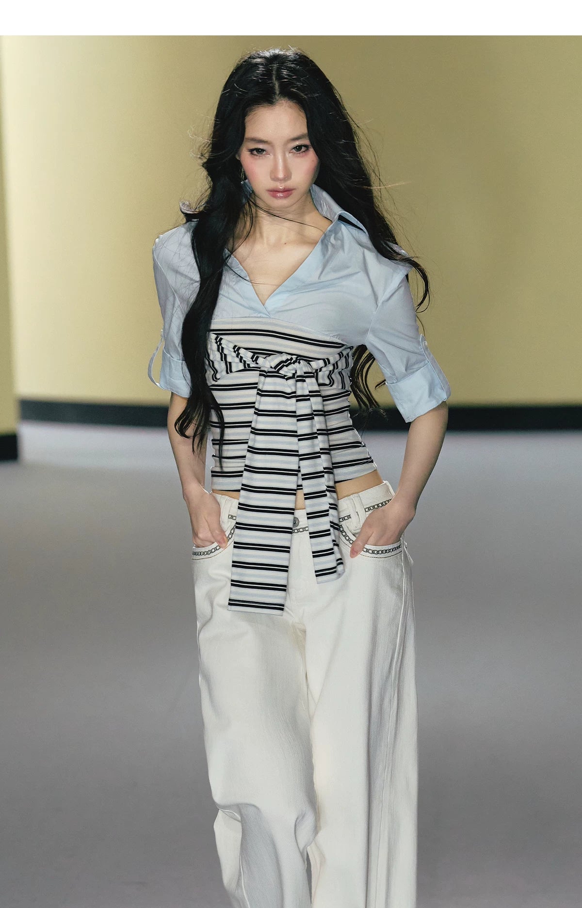 Layered Contrast Tie-Waist Shirt Top