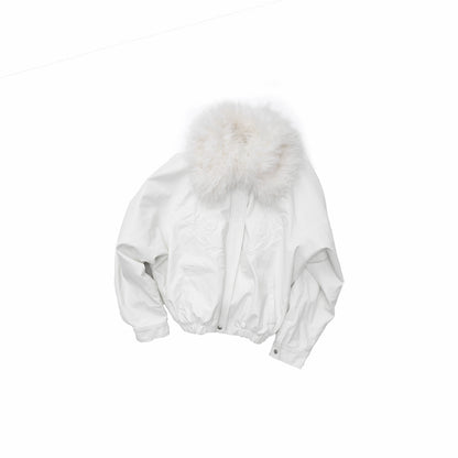 Embossed Faux Leather Puffer Detachable Fur Collar Jacket