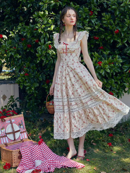 Pastoral Lace Corset Square-Neck Dress