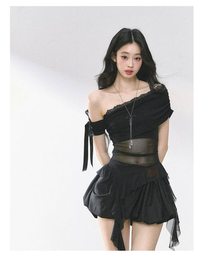 Off-Shoulder Mesh Short-Sleeve T-Shirt