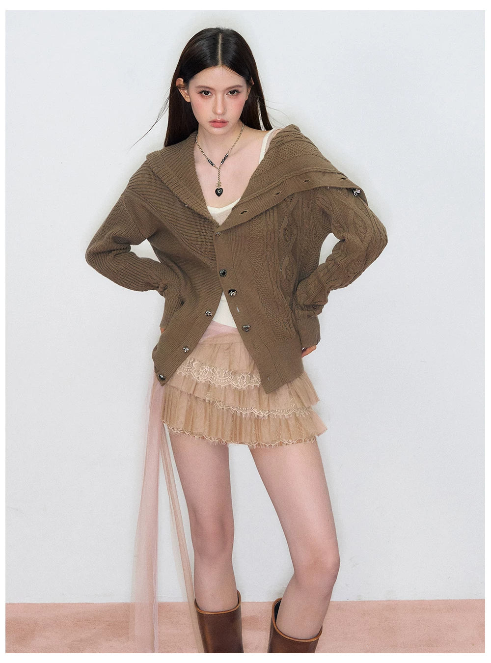 Oversized Collar Asymmetric Knit Sweater Jacket