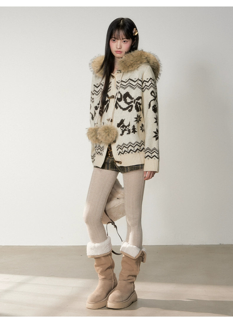 Fair Isle Fur Collar Toggle Buttons Knit Coat