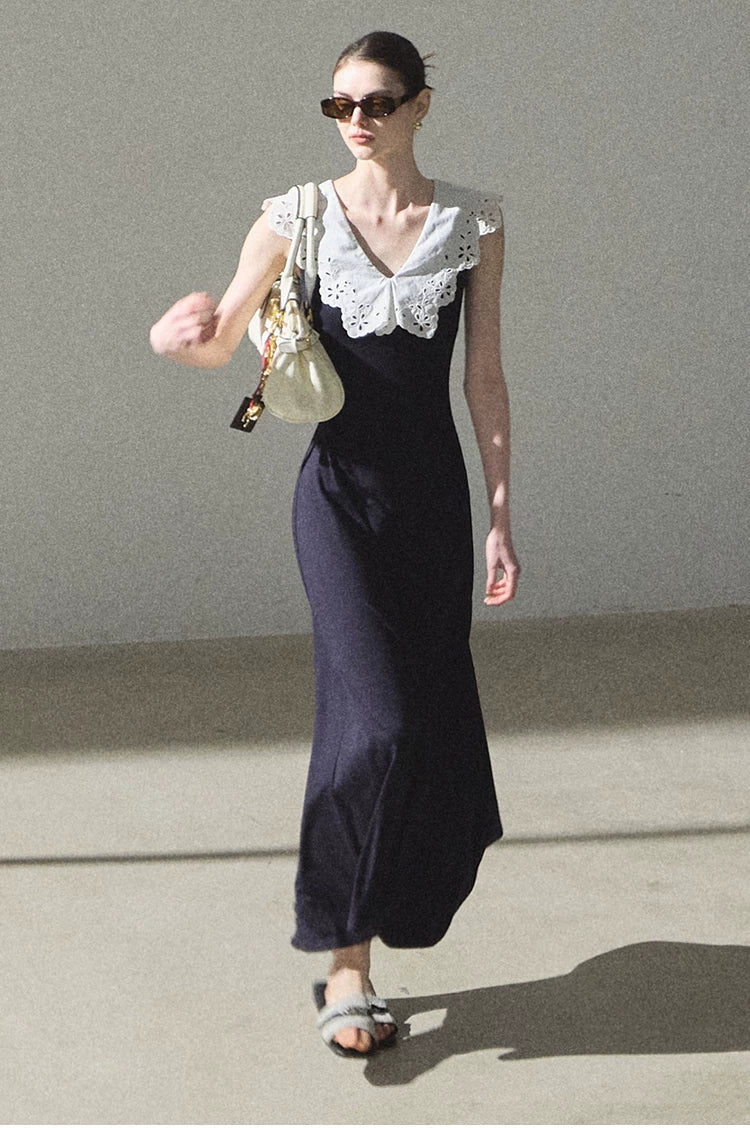 Shifting Tree Shadow Cotton Backless Waist-Cinched Vacation Dress