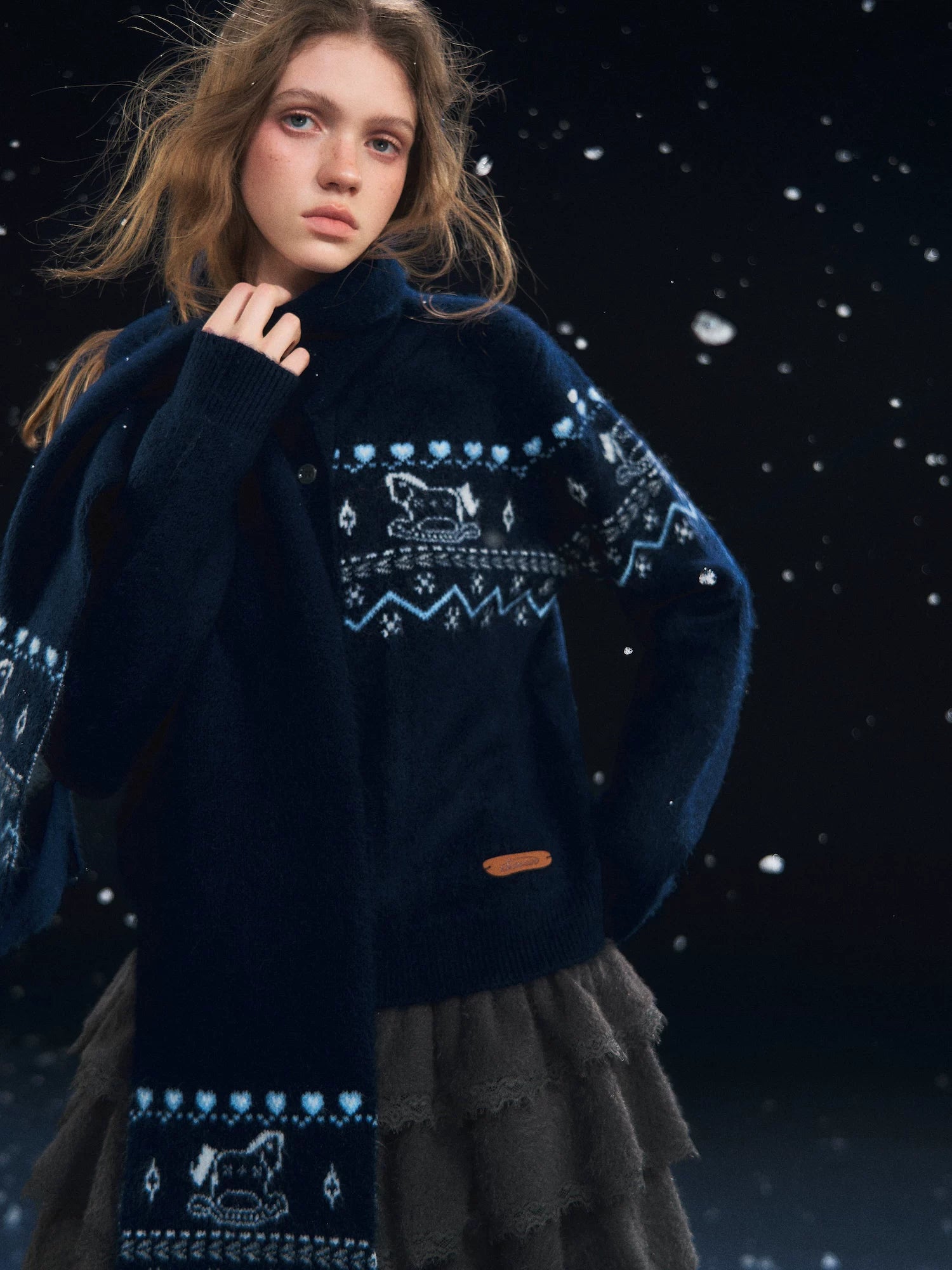 Fair Isle Scarf &amp; Cardigan Two-Piece Set