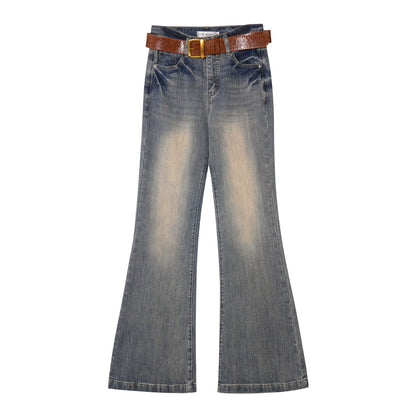 Textured Washed Flared Stretch Denim Pants