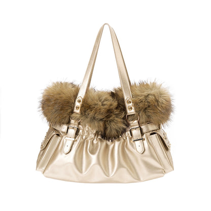Faux Fox-Trim Structured Tote Bag