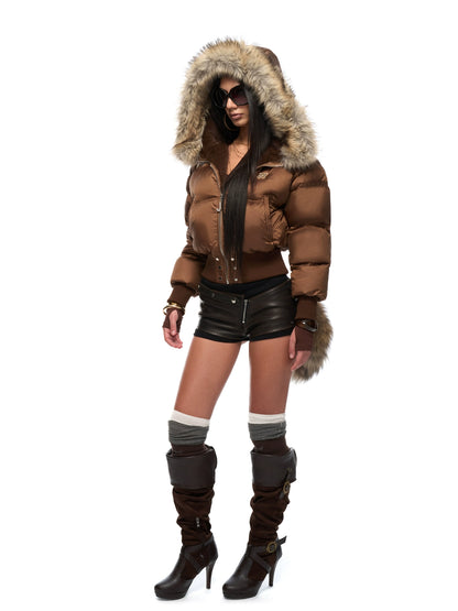 Vintage Waist-Cinched Cropped Down Jacket