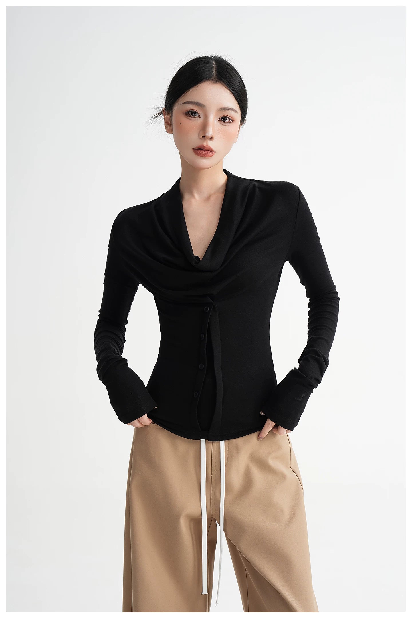 Neck Off-Shoulder Fitted Long Sleeve T-Shirt