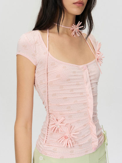 Vintage Handmade Floral Appliqué Ruched Slim-Fit T-Shirt