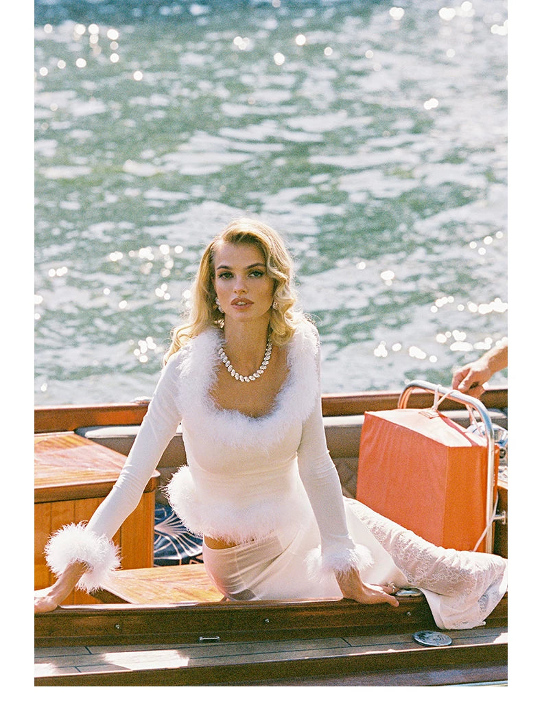 Feather-Trim Long-Sleeve Knit Top