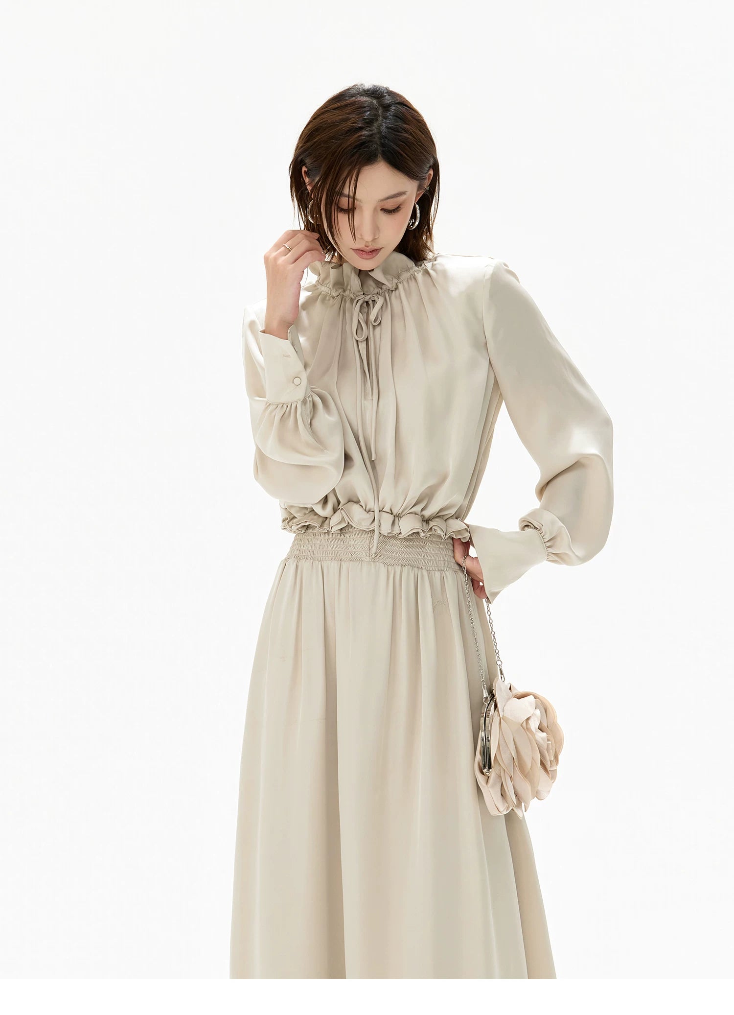 Elegant Ruffled Collar Satin Maxi Dress