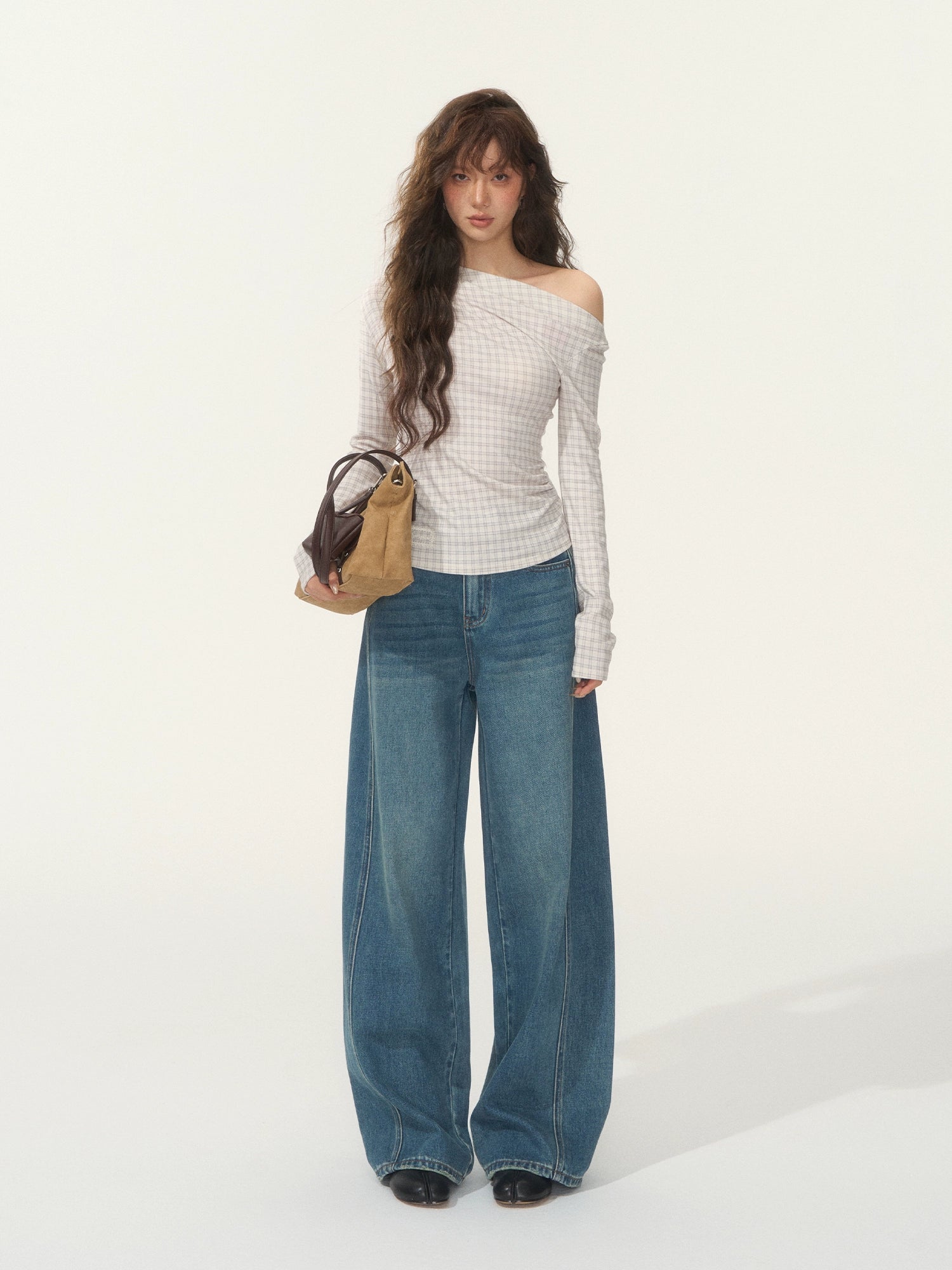 Velvet-Touch Plaid Draped Off-Shoulder Long Sleeve T-Shirts